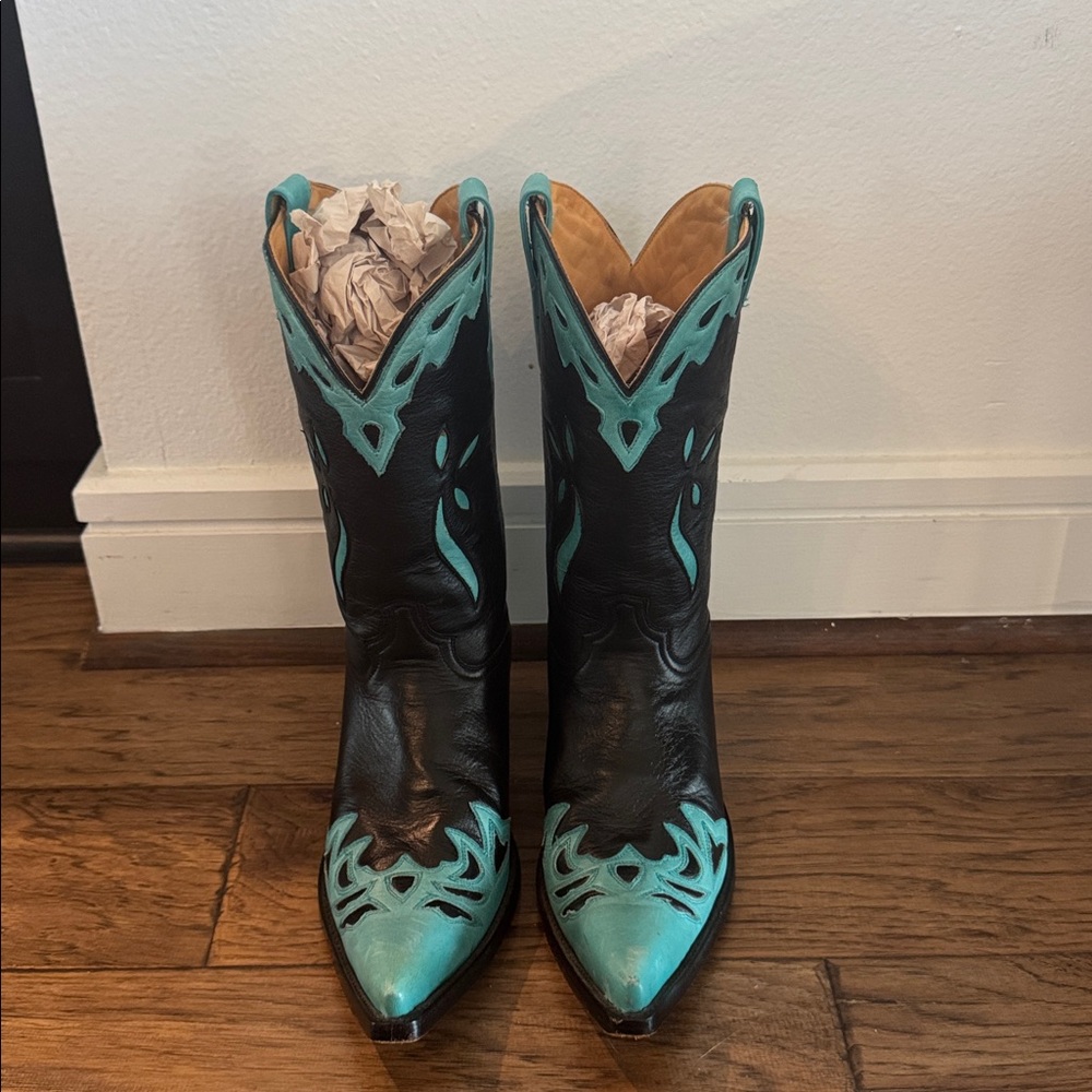 Black and Turquoise Heeled Boots